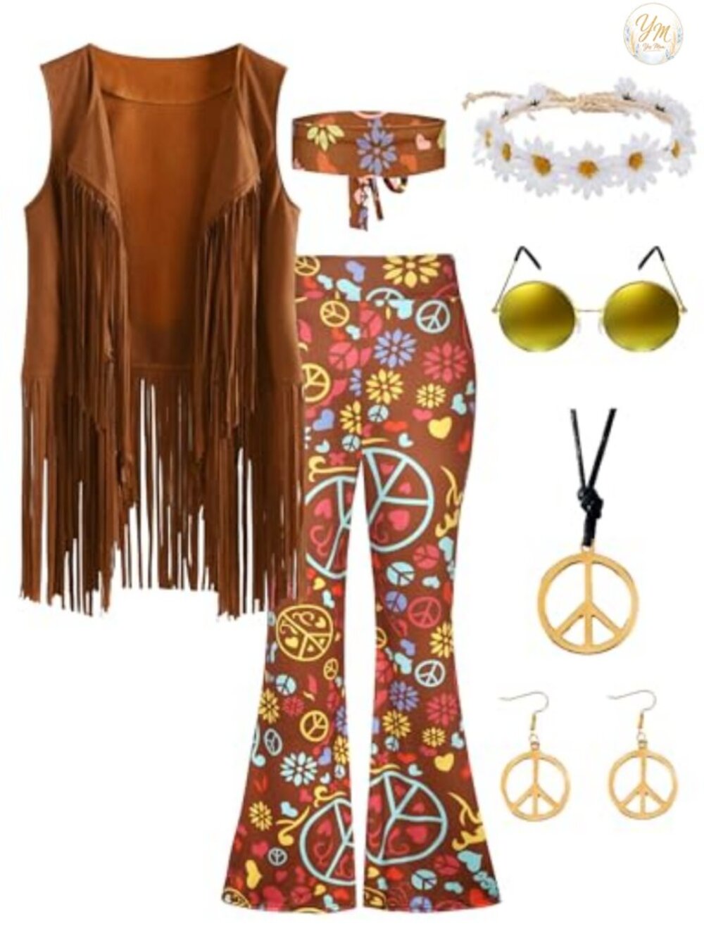 70s Hippie Costume for Women 8pc Fringe Vest Flared Pants Peace Necklace
